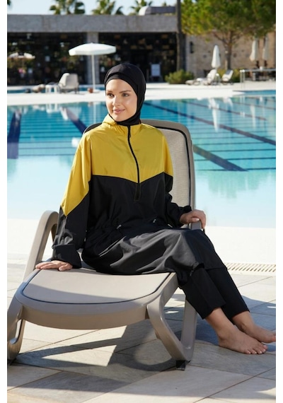 Estiva 26967 Siyah Golden Tam Kapalı Pantolonlu Fermuarlı Uzun Tesettür Mayo