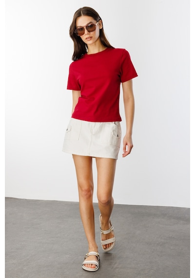 Kadın T-shirt Kısa Kollu Organik Pamuklu Bisiklet Yaka Crop T-shirt Kadın-t-shırt Bordo