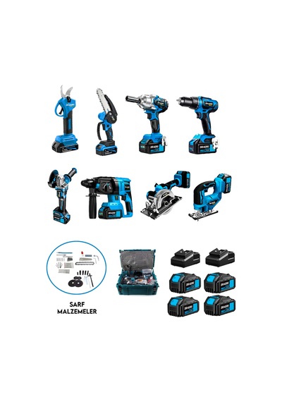 Dragro DRG 8LS 4 Akülü 8'li Set Kırıcı + Taşlama + Somun Sıkma + Vidalama + Sunta Kesme + Dekupaj + Makas + Testere Mavi