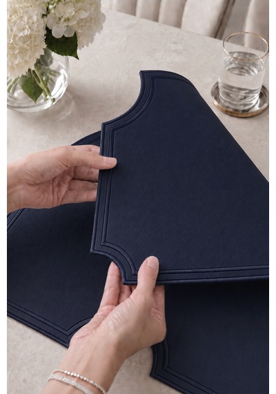 Nakışlı Deri Amerikan Servis 2'li Set Çift Taraflı Kare Supla 45x45 Cm Otis Lacivert