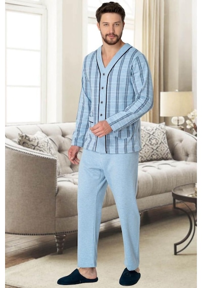 Mecit Pijama Mecit 2767 Mavi Önden Düğmeli Büyük Beden Erkek Pijama Takımı 001