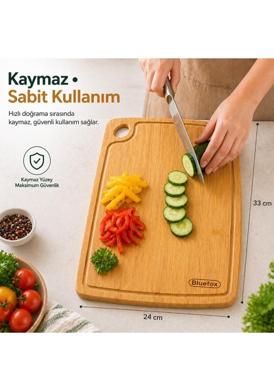 Tr 2'li Bambu Kesme Tahtası Seti 33x24 Cm & 28x22 Cm Oluklu Büyük Boy Meyve & Sebze Ayrımı Doğal, Diğer