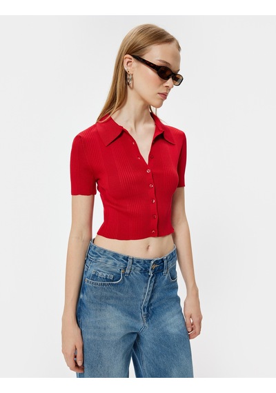Koton Polo Yaka Kazak Kısa Kollu Düğmeli Slim Fit Kırmızı 5wal90076ıt Kırmızı