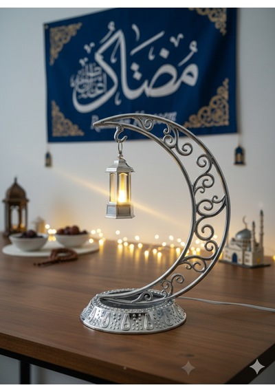 Dekoratif 28 Cm Hilal Parlak Gümüş Ramazan Led Lamba 10 Cm Kancalı Set Diğer