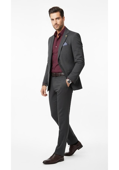 Plus Scorpion Erkek Kendinden Örmeli Çift Düğmeli Blazer Ceket Tek Yırtmaçlı, Modern Klasik Kesim Antrasit