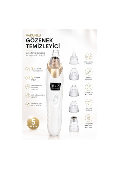 Robeve Auhma Ahb01 Vakumlu Siyah Nokta Temizleme Cihazı 3 Kademeli Emiş Gücü, 5 Farklı Başlık, Usb Şarjlı Kablosuz Gözenek Temizleyici, Yağ Ve Kir Temizleme, Yüz Cilt Bakım Cihazı