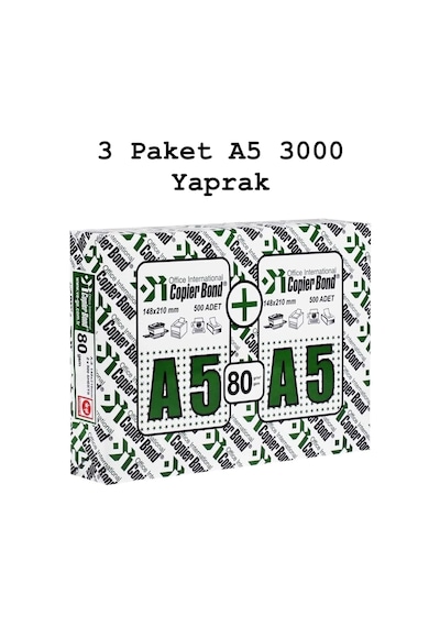 Copier Bond A5 Fotokopi Kağıdı 3 Paket 1000 Yaprak X 3 Toplam 3000 Yaprak Genel