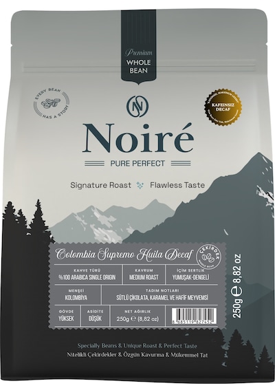 Noire Colombia Supremo Huila Decaf Çekirdek Kahve 250g %100 Arabica Single Origin Kafeinsiz