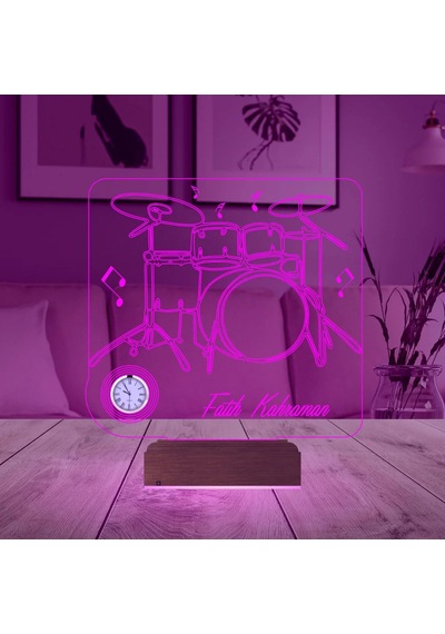 Luvivia Baterist Hediye Bateri Müzik Nota Kişiye Özel Metal Saatli 3d Lamba - Masa Gece Lambası Şeffaf