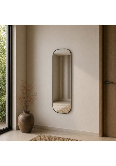 Modern Oval Boy Aynası 40x120 Cm Yuvarlak Hatlı Minimalist Dekoratif Duvar Aynası 2026 Trend Siyah