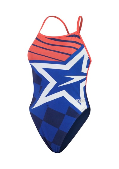 Speedo Digital Baskılı V Back Kadın Yüzücü Mayosu Mavi-turuncu Mavi