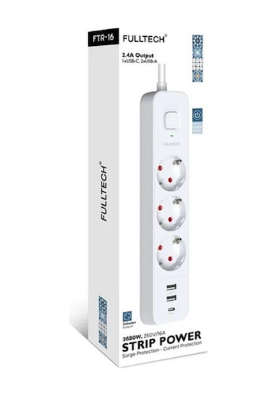 Fulltech FTR-16 Akım Korumalı Kablolu 3x Soket 3'lü Priz 1.8 M - 06422