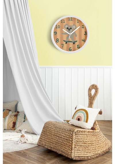 Güneş Gözlüklü Kaykay Yapan Sevimli Koala Çocuk Odası Modern Duvar Saati - 25cm - Önü Camlı-jh0217 Beyaz