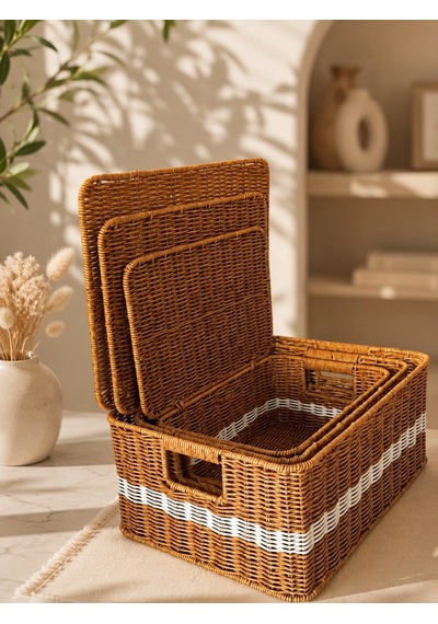 3'lü Kapaklı Hasır Rattan Organizer Beyaz Çizgili Sepet Fth-905 Sarı