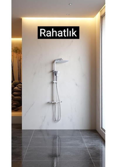 İsaoğlu Yapı Banyo Duş Sistemi Tepe Yağmurlamalı Kare Borulu Kare Tasarım Premium Duş Başlığı Gri