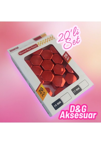 17mm Düz Parlak Kırmızı Bijon Kapağı 20li Set+ Çıkarma Aparatı