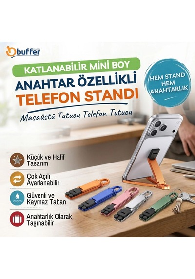 Privo Katlanabilir Mini Telefon Standı, Anahtarlık Özellikli Taşınabilir Masaüstü Plastik Cep Telefonu Tutucu Çok Renkli