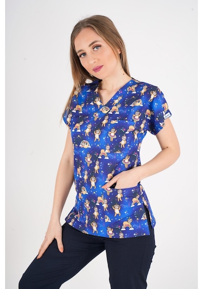 Unisex Stars Club Desenli Doktor Hemşire Hastane Aşçı Mutfak Scrubs Tek Üst Üniforma Saks Mavi