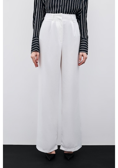 Sateen Pileli Krep Pantolon - Ekru-133390 Ekru