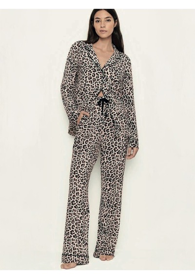 Dofi Kadın Düğmeli Leoparlı Pijama Takımı - Kahverengi