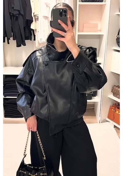 Meecy Viral Oversize Kadın Deri Ceket Yüksek Yaka Siyah Urban Style Kadın Deri Ceket Siyah Siyah Meecy Viral Oversize Kadın Deri Ceket Yüksek Yaka Siyah Urban Style Kadın Deri Ceket Siyah Siyah
