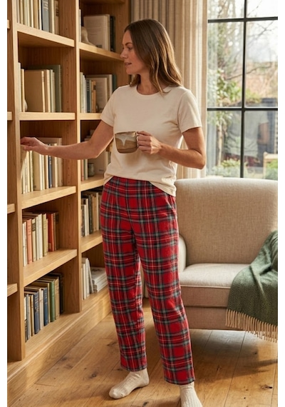 Mataş Kadın Ekose Desenli Pijama Altı Lastikli Bel Ev Giyim Pantolonu Kırmızı