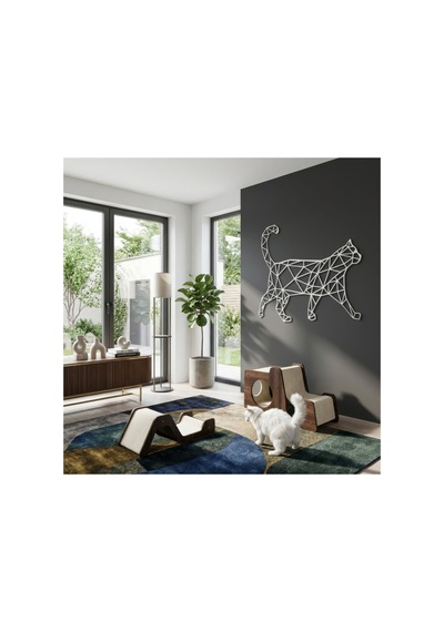 Geometrik Kedi Metal Duvar Tablosu - Metal Duvar Sanatı - Yosun Yeşili - 30 X 30 Cm Yeşil