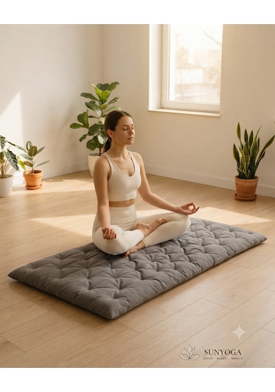 Pamuk Kapitone Meditasyon Minderi 180x60 Cm - Konforlu Yoga Matı Ve Yer Minderi Gri
