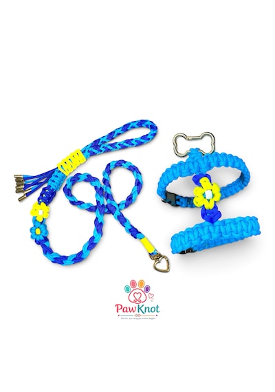 Sky Bloom Set Köpek/kedi Geöğüs Tasması Ve Gezdirme Kayışı Paracord El Yapımı Mavi - Lacivert - Sarı