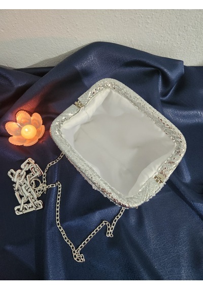 Shine, Beyaz Simli, Handmade, Teddy, Burslu, Kadın El Çantası Beyaz - Gümüş