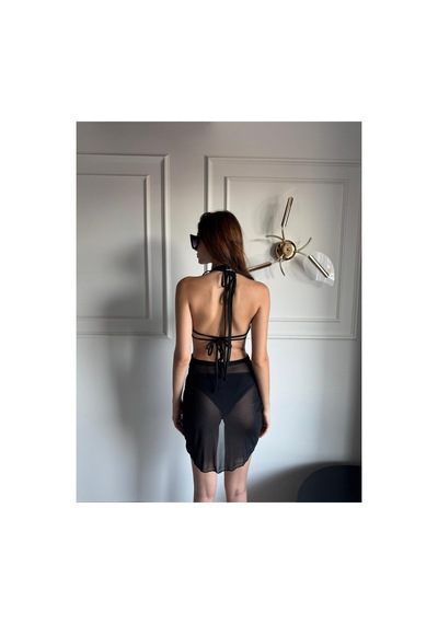 Gugus 3-lü Bikini Takımı / Kalpli Pareo + Alt Bikini + Üst Bikini Siyah