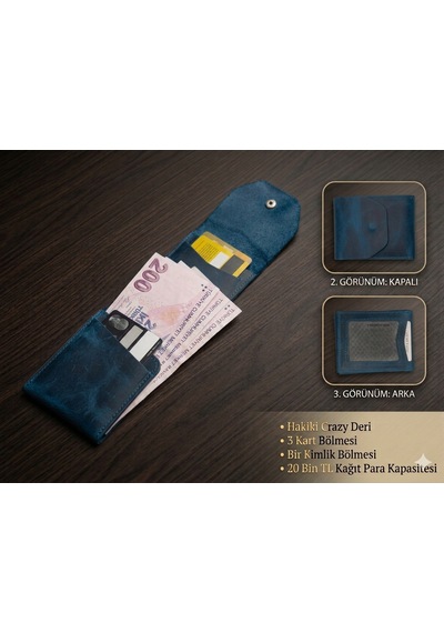 Aldorya %100 Hakiki Crazy Deri Minimalist Akıllı Cüzdan Fonksiyonel Ve Şık Tasarım Unisex Mavi