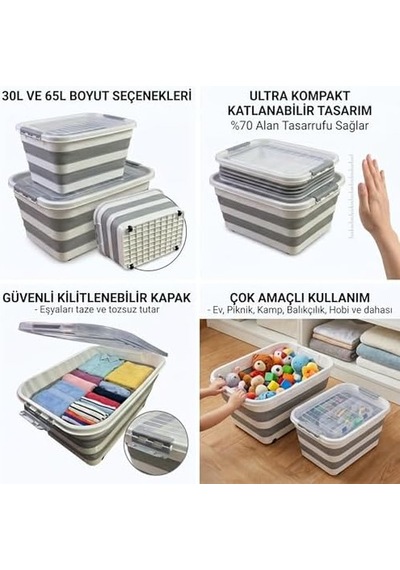 Tekerlekli Katlanabilir Saklama Kutusu, Kilitli Kapaklı, 30l Ve 65l Seçeneği, Çok Amaçlı Organizasyon Konteyneri 30 Lt