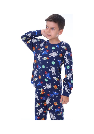Zuzunga Astronot Temalı Pamuk Unisex Çocuk Pijama Takımı Lacivert1 Lacivert