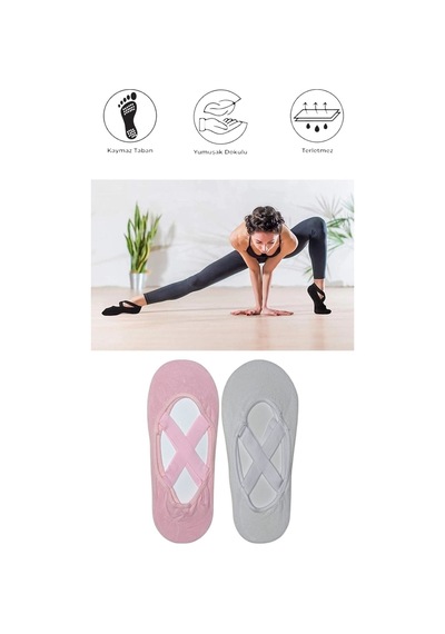 2 Adet Kadın Kaydırmaz Tabanlı Yoga Pilates Fitness Dans Ve Spor Çorabı Pembe - Beyaz