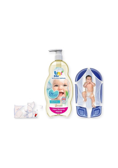 Bornozlu Banyo Seti 3 Parça: Bornoz Seti + Uni Baby Şampuan + Sema Baby Küvet Filesi - Mavi