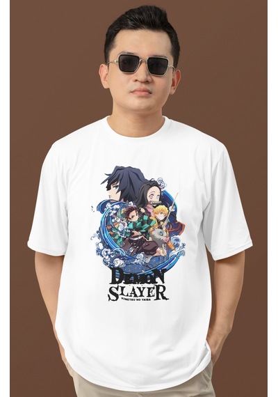 Sevbano Demon Slayer Kimetsu No Yaiba Baskılı Unisex Oversize Anime Dizi Beyaz