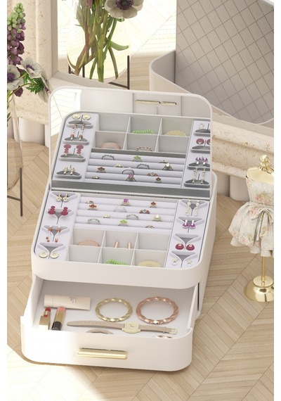 Makri Home Şık Ve Fonksiyonel Aynalı Takı Organizeri, Çekmeceli, Otomatik Açılır Aynalı Tasarım 22x20x8 Cm Beyaz