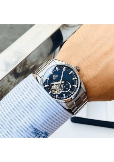 Orıent Kurmalı Otomatik Çelik Gri Open Heart Safir Cam Lacivert Kadran 41 Mm Erkek Kol Saati Metalik