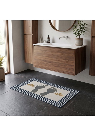 Kartela Halı Ayak İzi Desenli Banyo Paspası Lacivert Kaymaz Taban Makinede Yıkanabilir 60x90 Cm