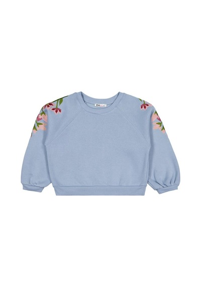 Civil Girls Omuzu Çiçek Nakışlı 6-9 Yaş Sweatshirt Mavi