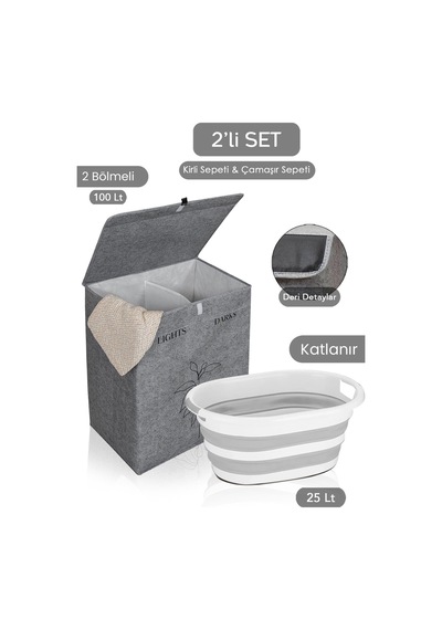 2bölmeli Çamaşır Sepeti Çok Amaçlı Saklama Hurç Gri 53x33x60cm-25lt Katlanır Çamaşır Selesi 2'li Set Gri
