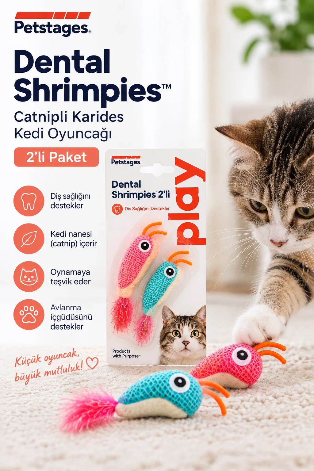 Petstages Dental Shrimpies Catnipli Kedi Oyuncağı 2'li Paket Peluş