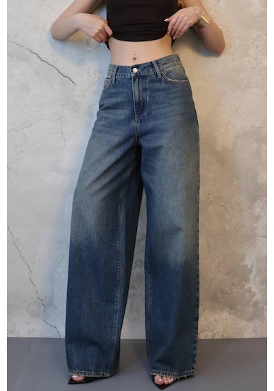 Alemdarshop Lacivert Geniş Paça Jeans Pantolon