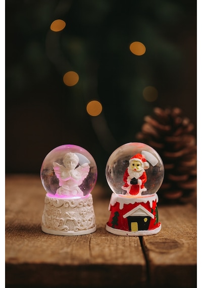 Ev Dekoru Yeni Yıl Huzuru Işıklı Santa Melek Figürlü Ve Noel Baba Temalı Kar Küresi 2'li Seti 6.5 Cm Çok Renkli
