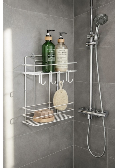 Sas Haus Lüks Beyaz Metal 2 Katlı Banyo Rafı Şampuanlık Ve Duş Rafı Askılı Yapışkanlı Duvara Monte Tş-02 beyaz