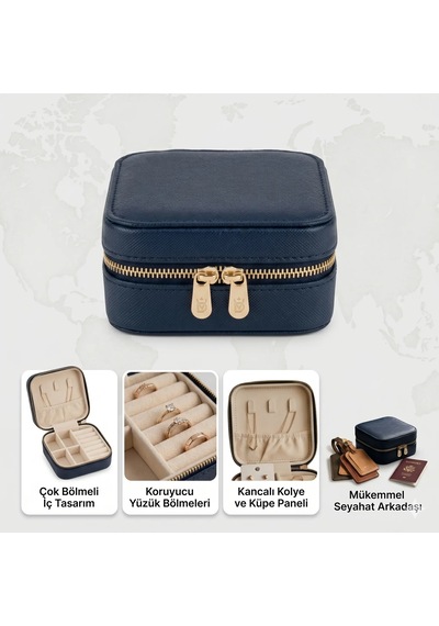 Takı Kutusu Düzenleyici Seyahat Çantası Kolye Yüzük Küpe Organizer Deri Lacivert 10x10 Mavi