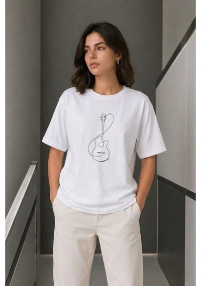 Butik İstanbul Minimal Gitar Baskılı Tişört T-shirt Yazlık Kısa Kol Bisiklet Yaka T-shirt - Beyaz