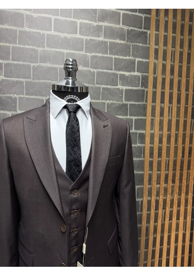 Dupont Classics Erkek Slim Fit 6 Drop Sivri Yaka Yelekli Filafil Çift Yırtmaç Takım Elbise Koyu Kahverengi Dupont Classics Erkek Slim Fit 6 Drop Sivri Yaka Yelekli Filafil Çift Yırtmaç Takım Elbise Koyu Kahverengi