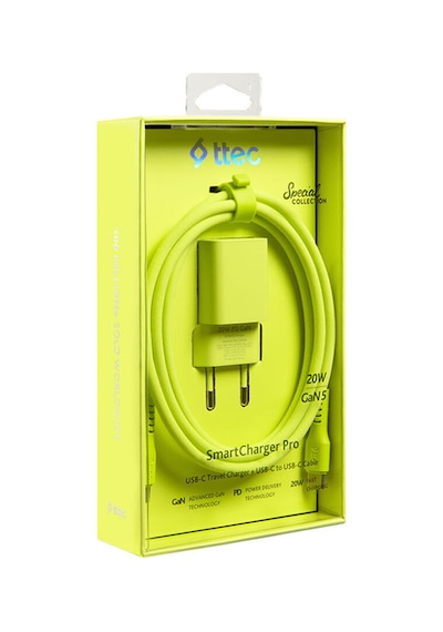 Smartcharger Gan 20w Pd Seyahat Hızlı Şarj Aleti + Usb-c - Usb-c 3a Kablo Neon Neon Sarı